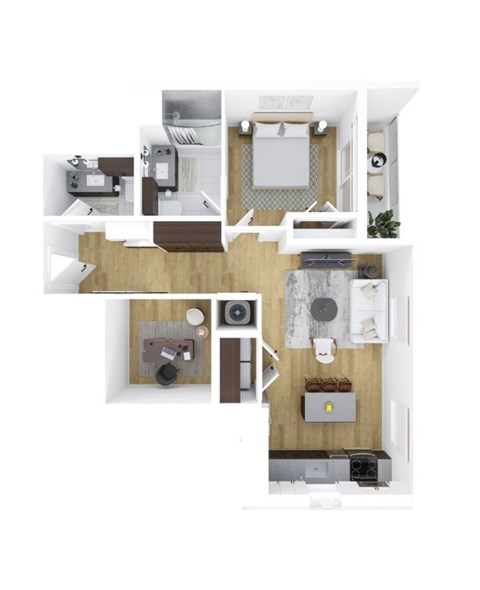 A top-down view of a modern kitchen and living room.